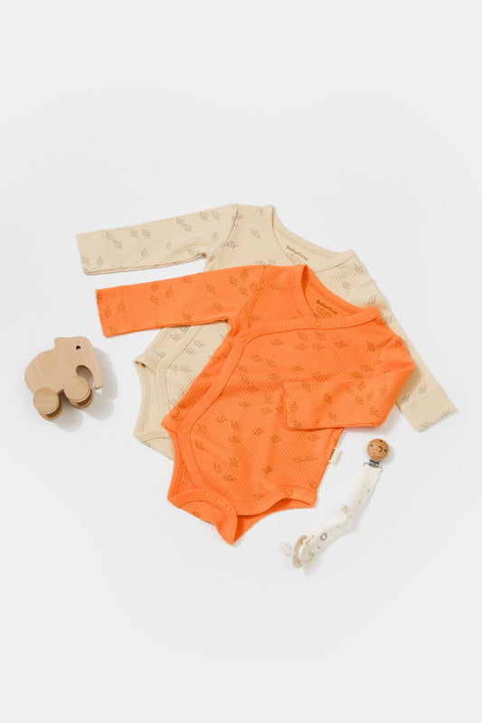 Set 2 body-uri petrecute Printed, BabyCosy, 50% modal+50% bumbac, Stone/Apricot - Body
