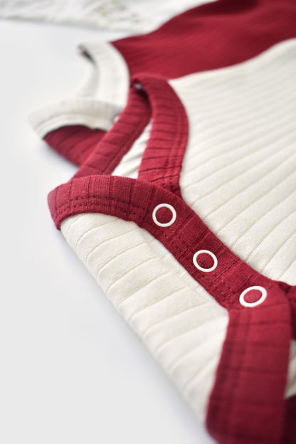 Set 2 body-uri Ribana Bebe Unisex din bumbac organic si 5%elastan - Ecru/Bordo, BabyCosy