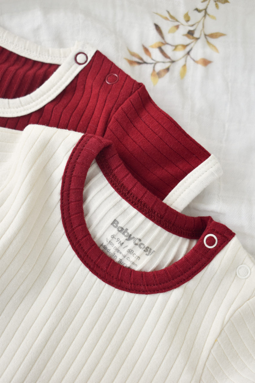 Set 2 body-uri Ribana Bebe Unisex din bumbac organic si 5%elastan - Ecru/Bordo, BabyCosy