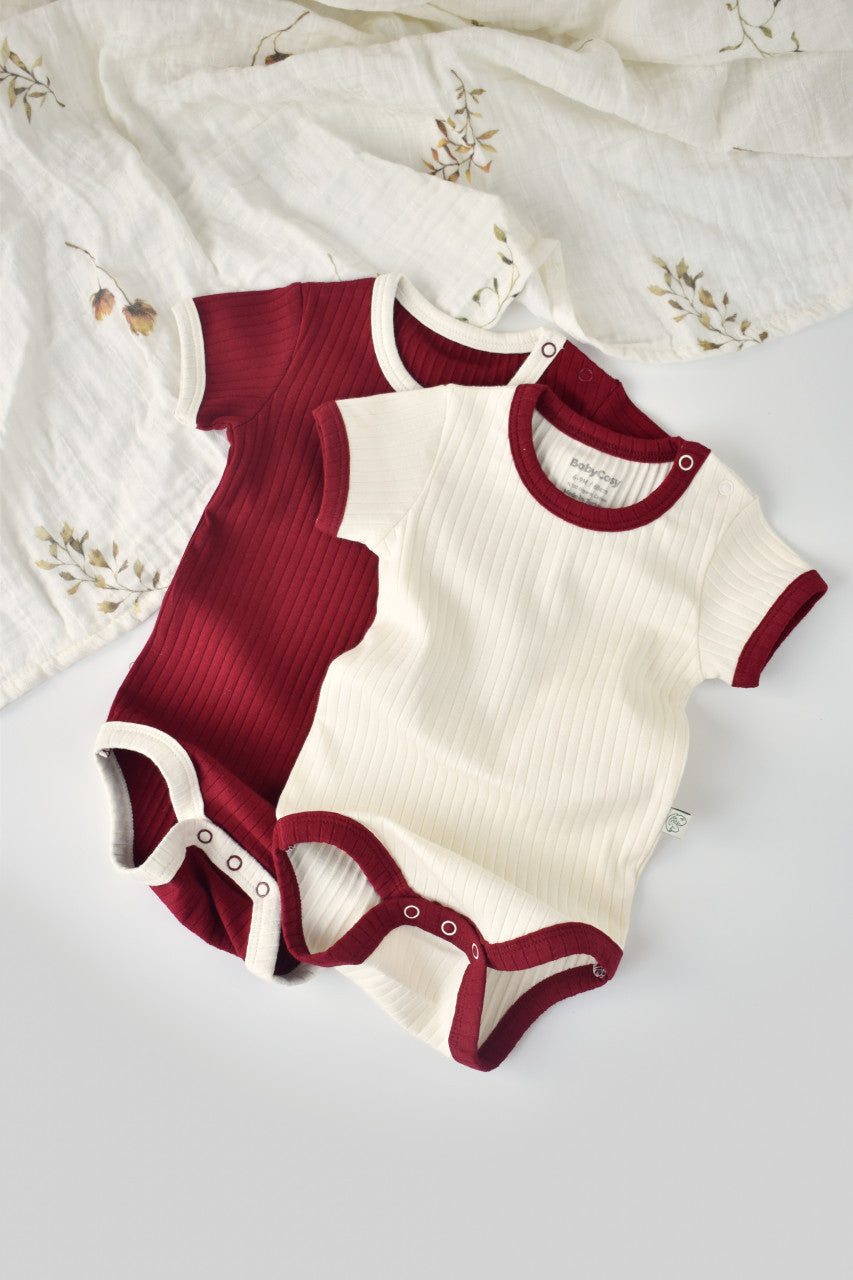 Set 2 body-uri Ribana Bebe Unisex din bumbac organic si 5%elastan - Ecru/Bordo, BabyCosy