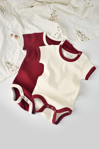 Set 2 body-uri Ribana Bebe Unisex din bumbac organic si 5%elastan - Ecru/Bordo, BabyCosy