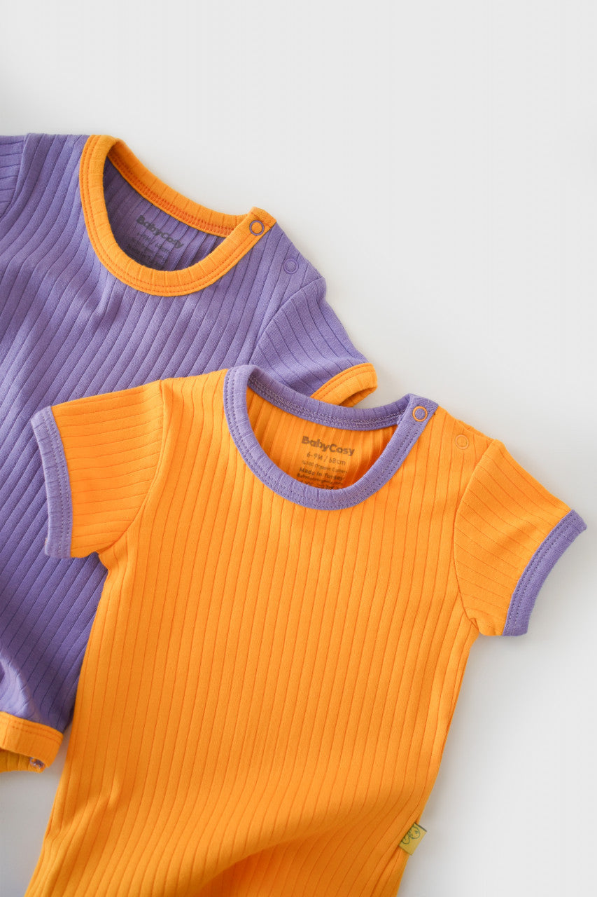 Set 2 body-uri Ribana Bebe Unisex din bumbac organic si 5%elastan - Galben/Mov BabyCosy