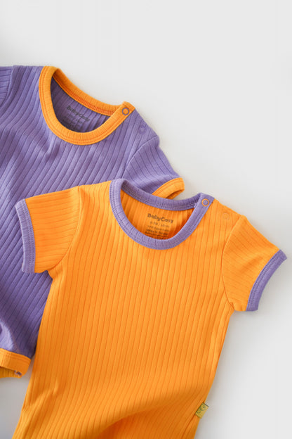 Set 2 body-uri Ribana Bebe Unisex din bumbac organic si 5%elastan - Galben/Mov BabyCosy