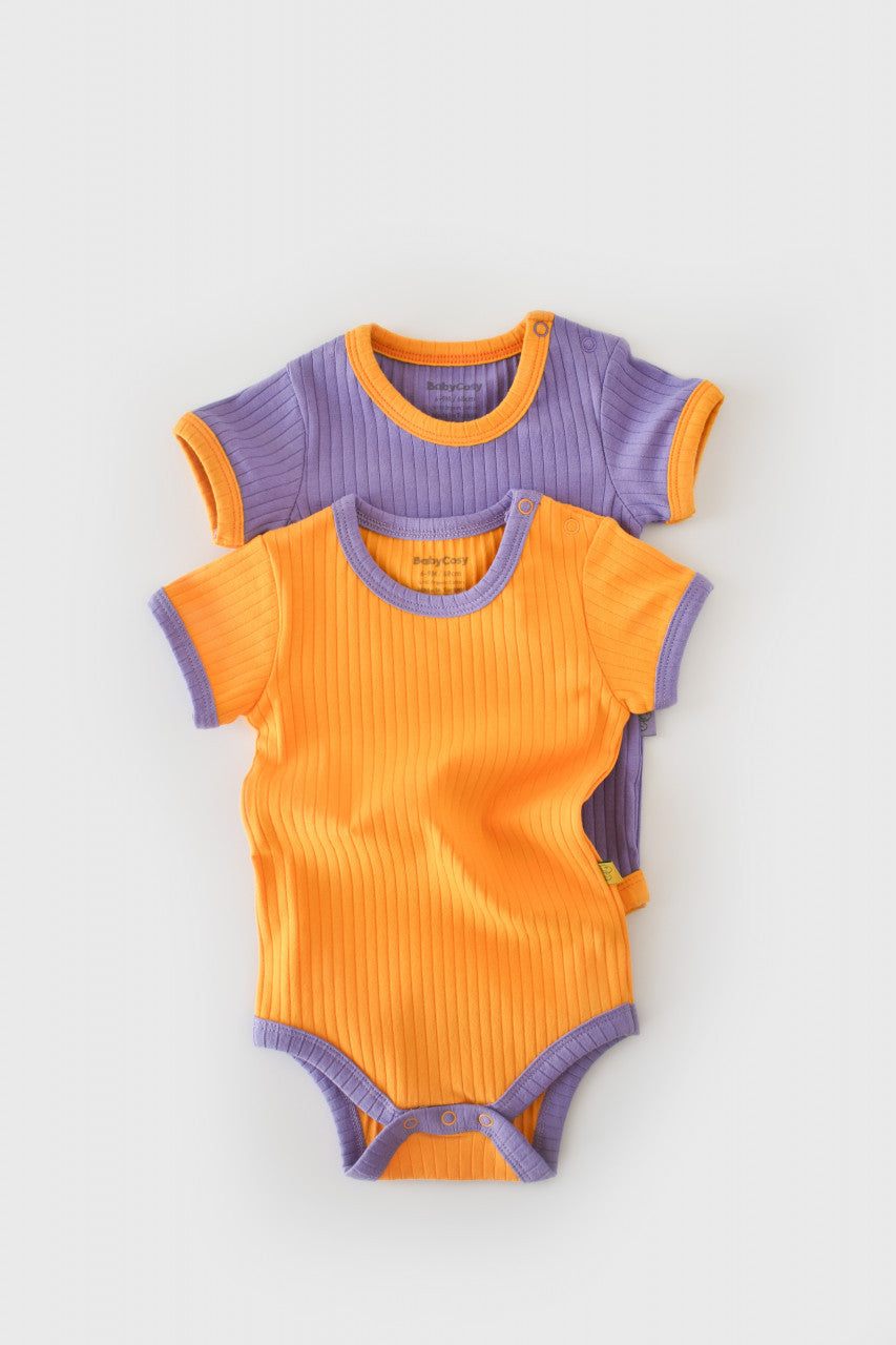 Set 2 body-uri Ribana Bebe Unisex din bumbac organic si 5%elastan - Galben/Mov BabyCosy