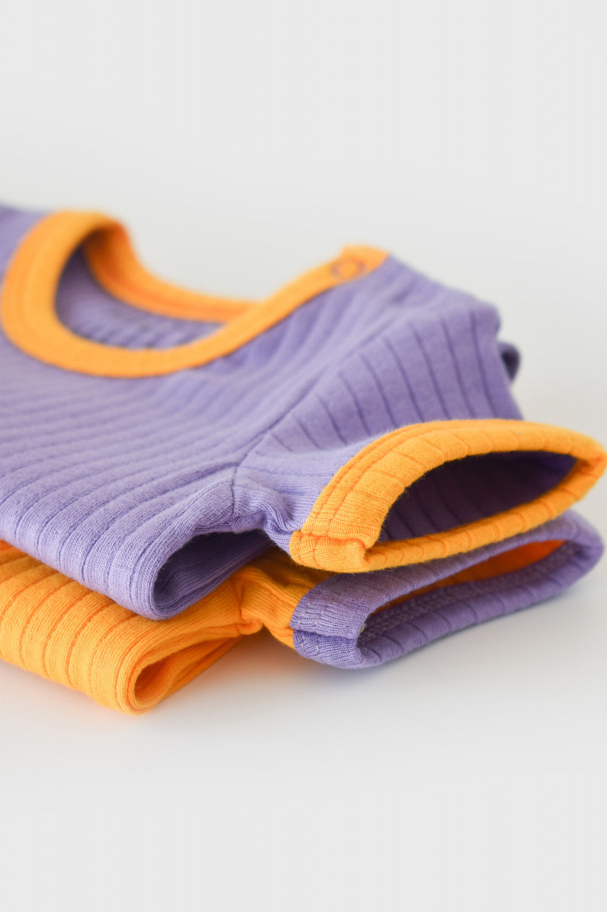 Set 2 body-uri Ribana Bebe Unisex din bumbac organic si 5%elastan - Galben/Mov BabyCosy