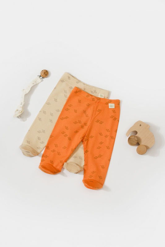 Set 2 pantalonasi cu botosei Printed, BabyCosy, 50% modal+50% bumbac, Stone/Apricot - Pantaloni