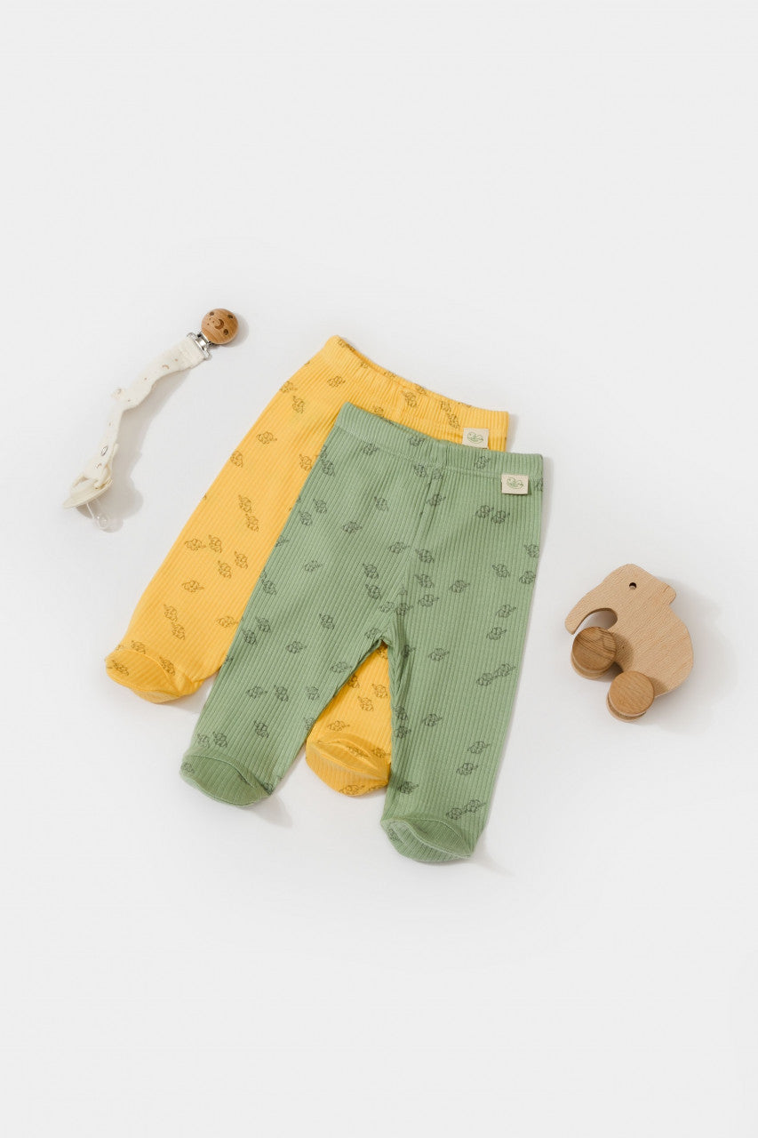 Set 2 pantalonasi cu botosei Printed, BabyCosy, 50% modal+50% bumbac, Lamaie/Verde