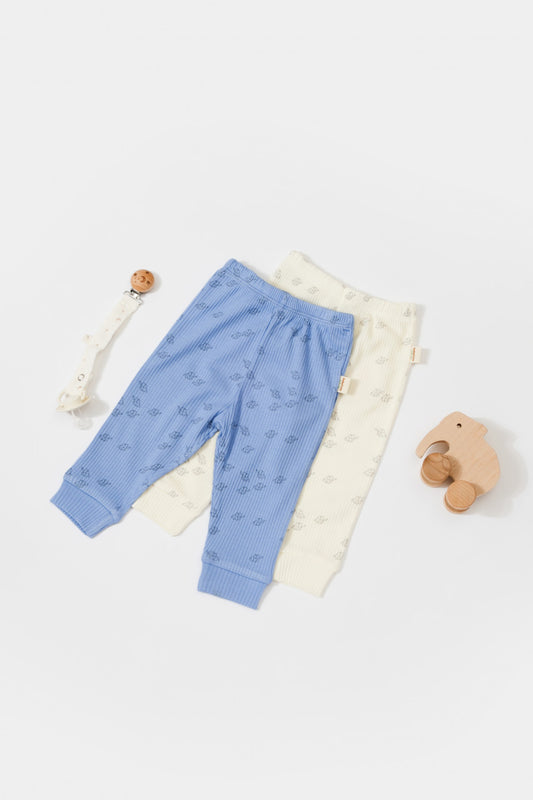 Set 2 pantalonasi Printed, BabyCosy, 50% modal+50% bumbac, Ecru/Lavanda - Pantaloni