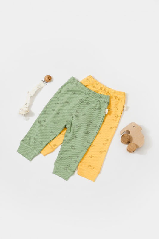 Set 2 pantalonasi Printed, BabyCosy, 50% modal+50% bumbac, Verde/Lamaie - Pantaloni