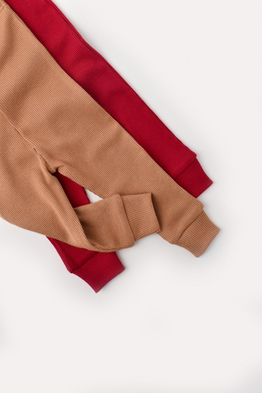 Set 2 pantaloni bebe unisex din bumbac organic si modal - Maro/Rosu, BabyCosy
