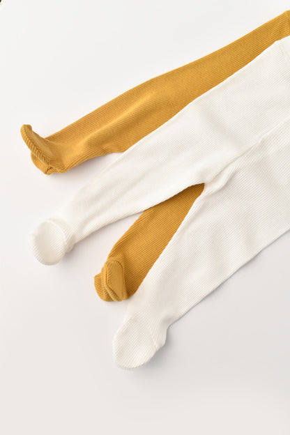 Set 2 pantaloni cu botosei bebe unisex din bumbac organic si modal - Mustar/Ecru, BabyCosy