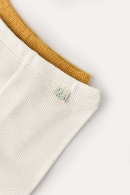 Set 2 pantaloni cu botosei bebe unisex din bumbac organic si modal - Mustar/Ecru, BabyCosy