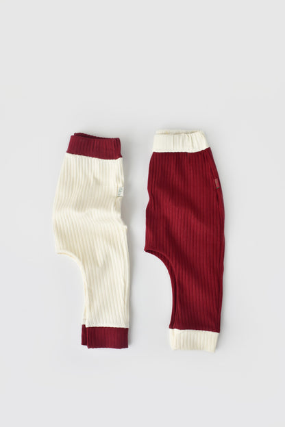 Set 2 pantaloni Ribana Bebe Unisex din bumbac organic si 5%elastan - Ecru/Bordo, BabyCosy