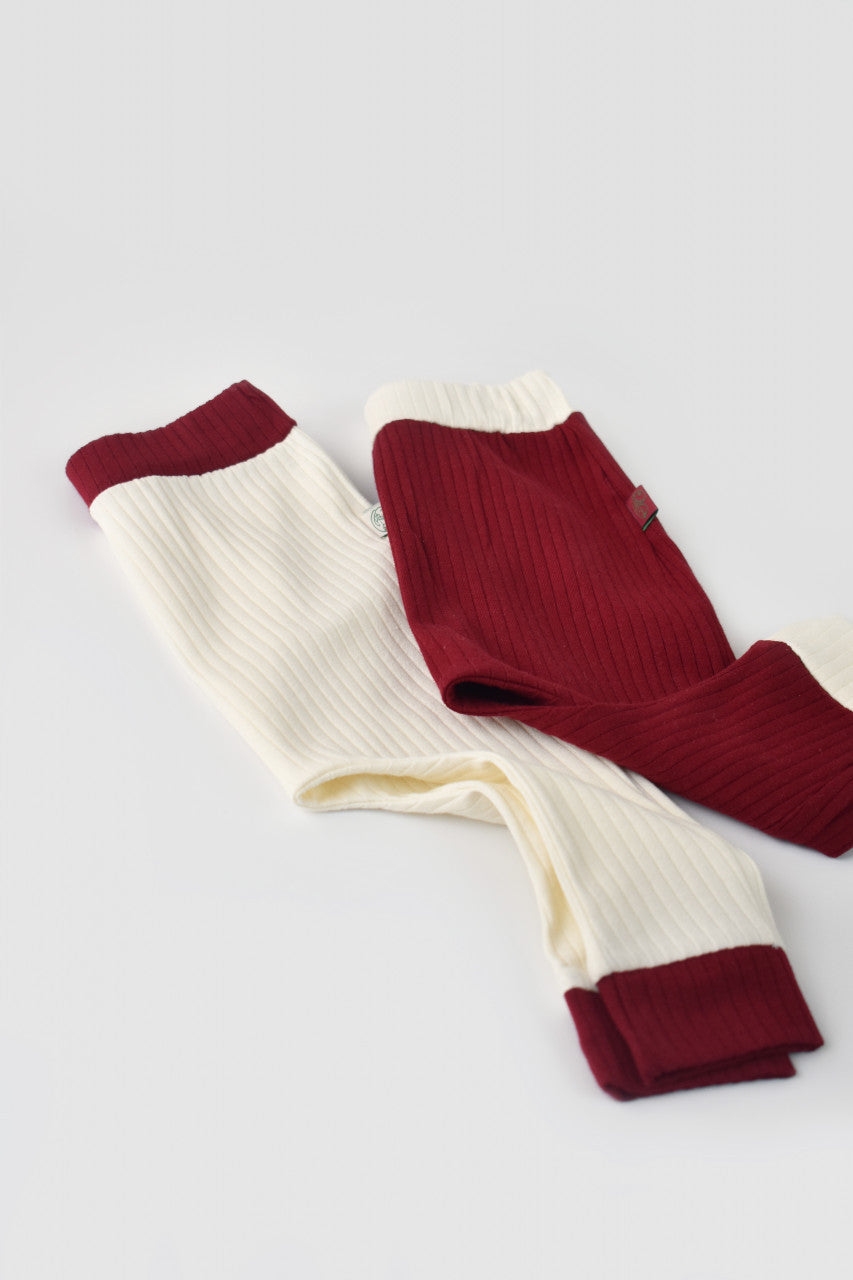 Set 2 pantaloni Ribana Bebe Unisex din bumbac organic si 5%elastan - Ecru/Bordo, BabyCosy