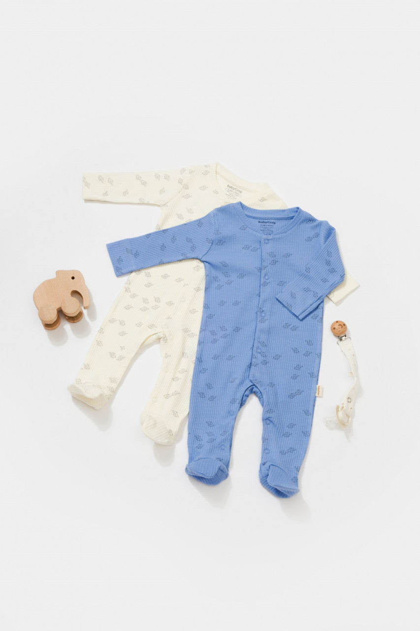 Set 2 salopete lungi Printed, BabyCosy, 50% modal+50% bumbac, Ecru/Lavanda