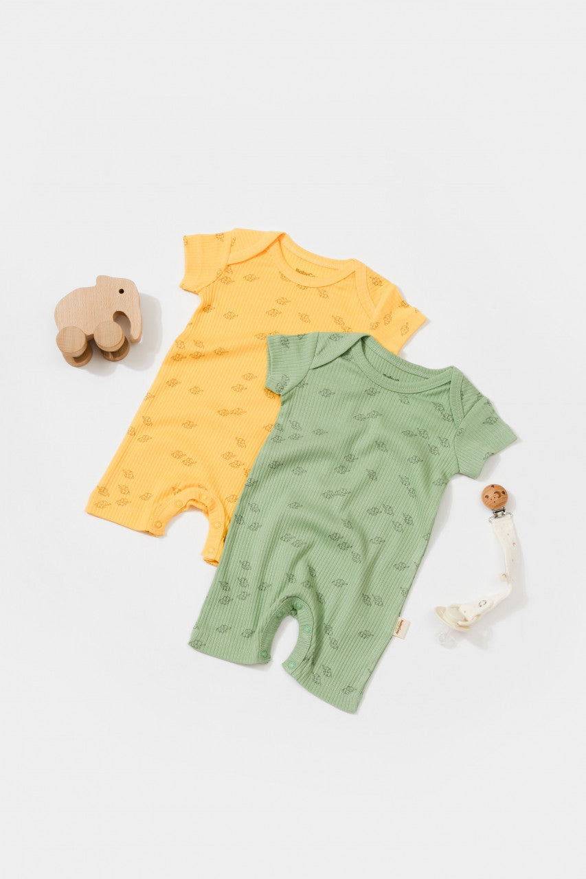 Set 2 salopete scurte Printed, BabyCosy, 50% modal+50% bumbac, Lamaie/Verde