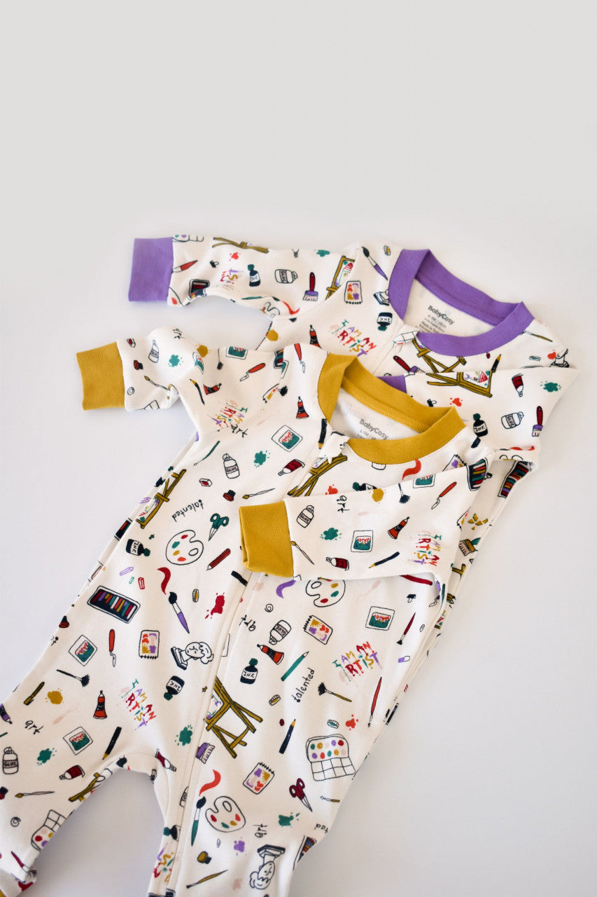Set 2 salopetele cu maneca lunga si pantaloni cu botosei si fermoar - 100%bumbac organic - Galben si Mov, BabyCosy