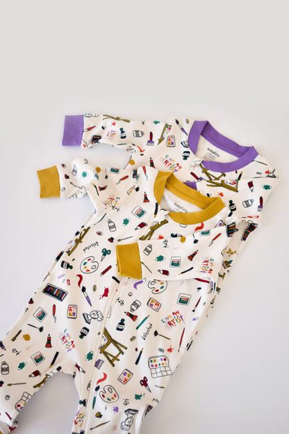Set 2 salopetele cu maneca lunga si pantaloni cu botosei si fermoar - 100%bumbac organic - Galben si Mov, BabyCosy