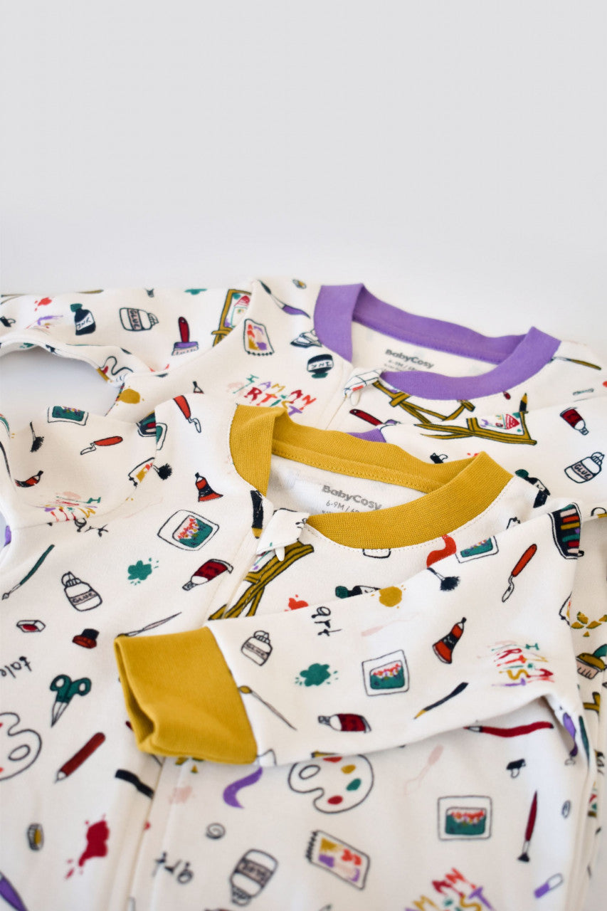 Set 2 salopetele cu maneca lunga si pantaloni cu botosei si fermoar - 100%bumbac organic - Galben si Mov, BabyCosy