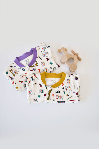 Set 2 salopetele cu maneca lunga si pantaloni cu botosei si fermoar - 100%bumbac organic - Galben si Mov, BabyCosy