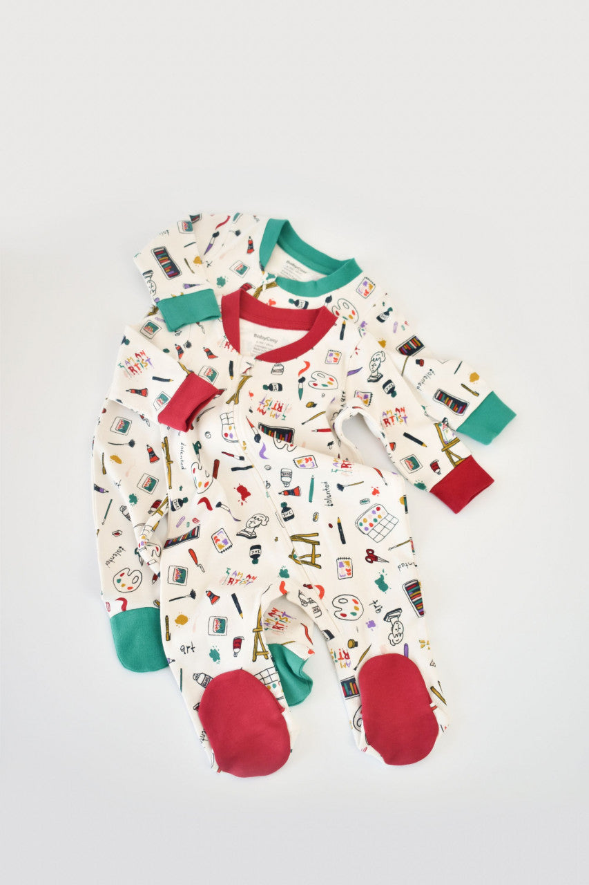 Set 2 salopetele cu maneca lunga si pantaloni cu botosei si fermoar - 100%bumbac organic - Rosu si verde, BabyCosy