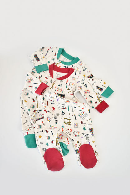 Set 2 salopetele cu maneca lunga si pantaloni cu botosei si fermoar - 100%bumbac organic - Rosu si verde, BabyCosy