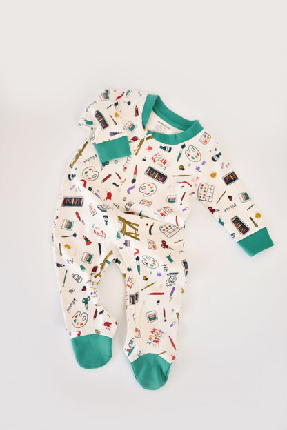 Set 2 salopetele cu maneca lunga si pantaloni cu botosei si fermoar - 100%bumbac organic - Rosu si verde, BabyCosy