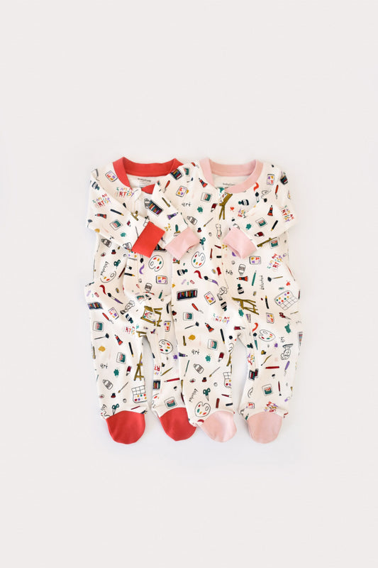 Set 2 salopetele cu maneca lunga si pantaloni cu botosei si fermoar - 100%bumbac organic - Portocaliu si Pudra, BabyCosy - Salopeta
