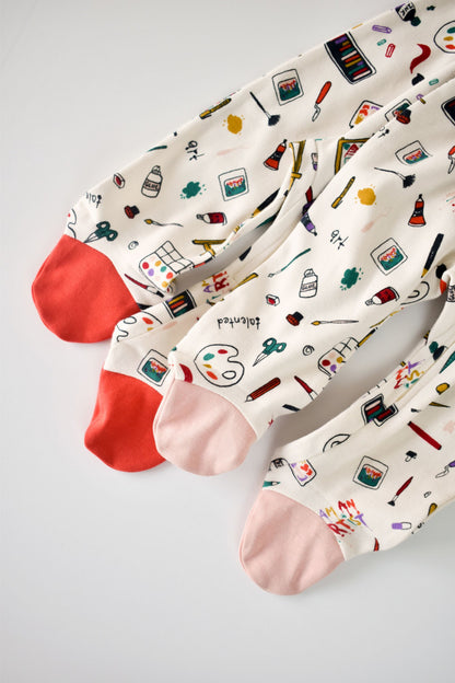 Set 2 salopetele cu maneca lunga si pantaloni cu botosei si fermoar - 100%bumbac organic - Portocaliu si Pudra, BabyCosy