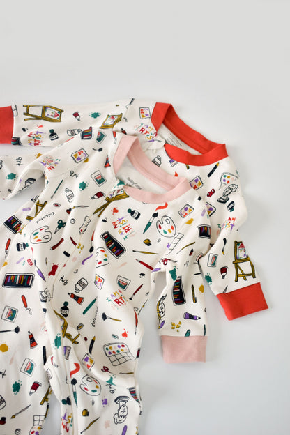 Set 2 salopetele cu maneca lunga si pantaloni cu botosei si fermoar - 100%bumbac organic - Portocaliu si Pudra, BabyCosy