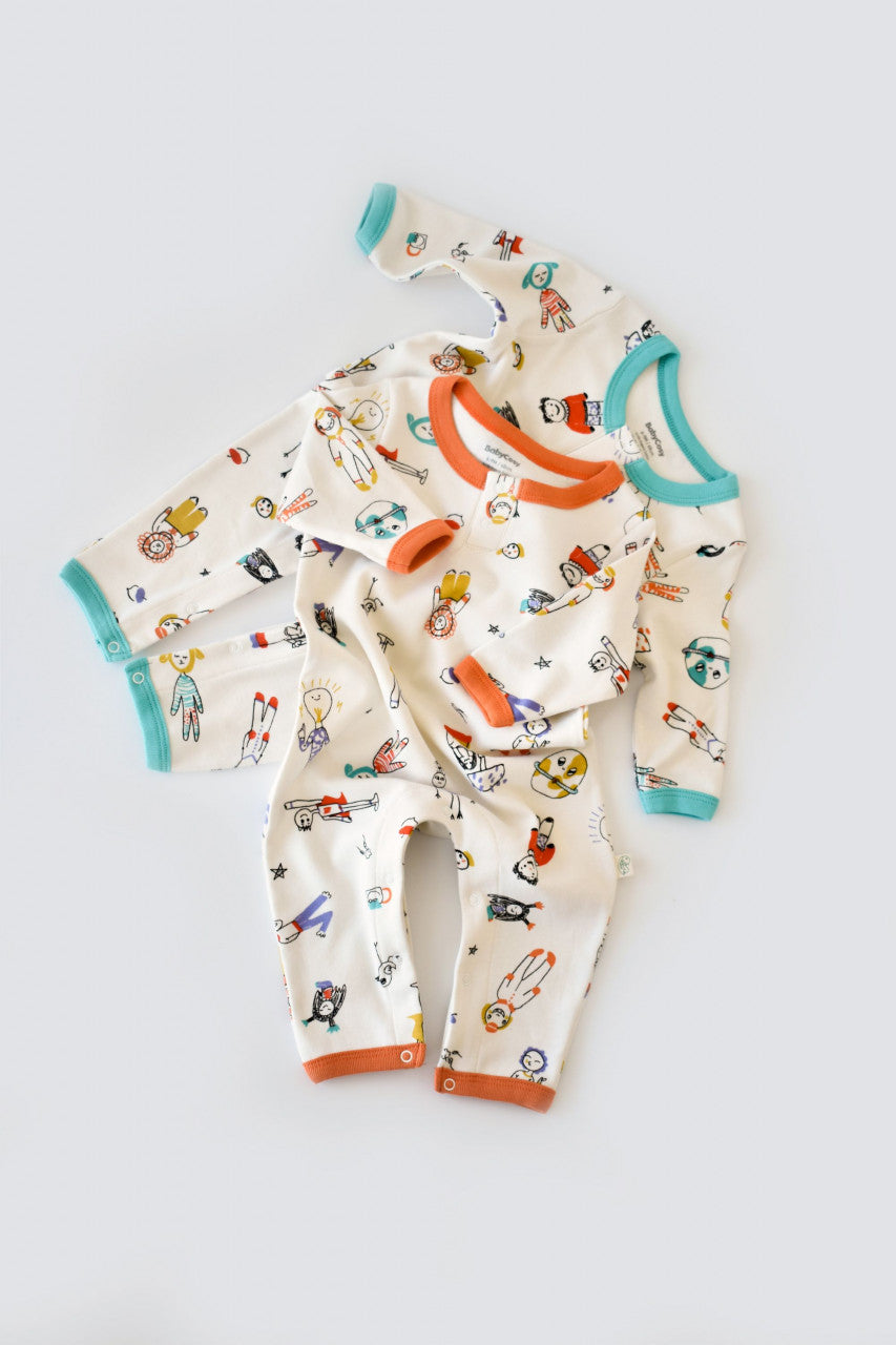 Set 2 salopetele cu maneca lunga si pantaloni lungi - 100%bumbac organic - Portocaliu si Verde, BabyCosy