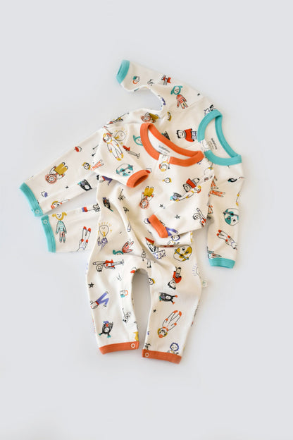 Set 2 salopetele cu maneca lunga si pantaloni lungi - 100%bumbac organic - Portocaliu si Verde, BabyCosy