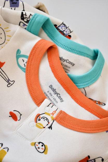 Set 2 salopetele cu maneca lunga si pantaloni lungi - 100%bumbac organic - Portocaliu si Verde, BabyCosy
