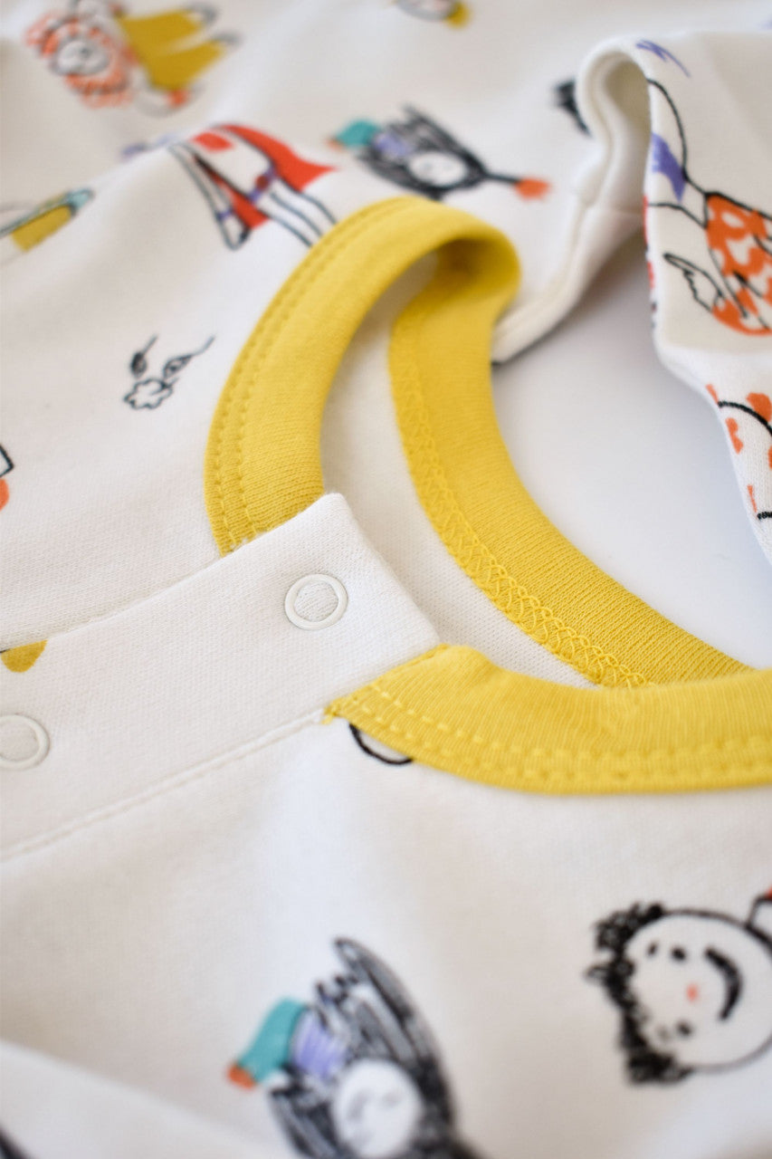 Set 2 salopetele cu maneca lunga si pantaloni lungi - 100%bumbac organic - Galben si Mov, BabyCosy