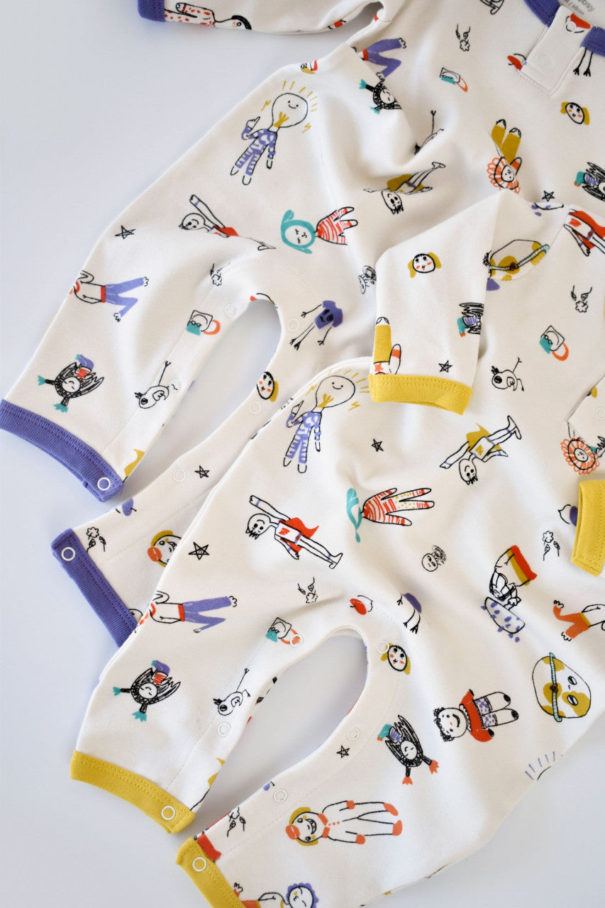 Set 2 salopetele cu maneca lunga si pantaloni lungi - 100%bumbac organic - Galben si Mov, BabyCosy