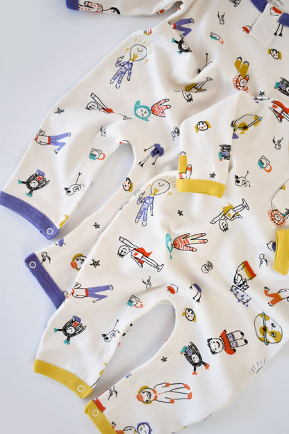 Set 2 salopetele cu maneca lunga si pantaloni lungi - 100%bumbac organic - Galben si Mov, BabyCosy