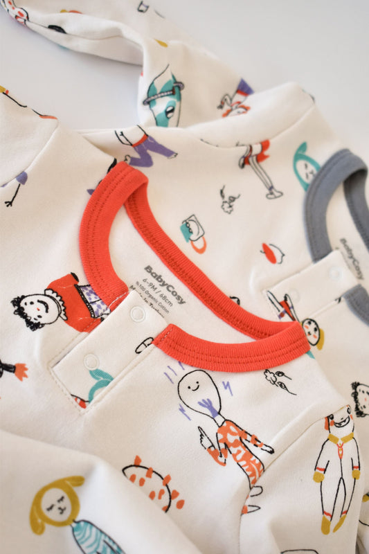 Set 2 salopetele cu maneca lunga si pantaloni lungi - 100%bumbac organic - Rosu si Gri, BabyCosy - Salopeta