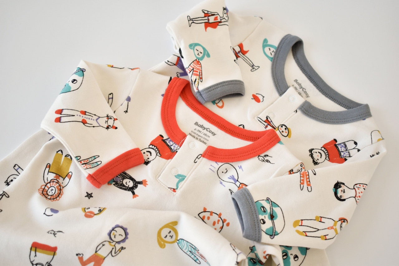 Set 2 salopetele cu maneca lunga si pantaloni lungi - 100%bumbac organic - Rosu si Gri, BabyCosy