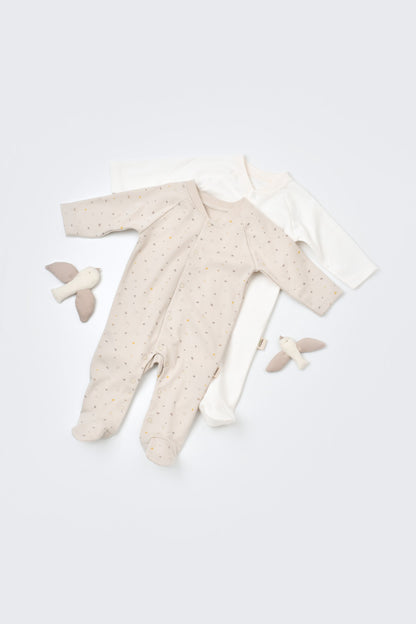 Set 2 salopetele cu maneca lunga si pantaloni lungi cu botosei - 100%bumbac organic - Crem cu buline, BabyCosy