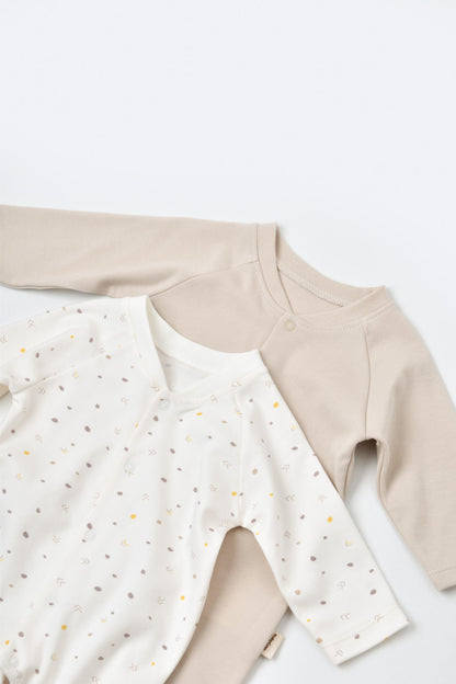 Set 2 salopetele cu maneca lunga si pantaloni lungi cu botosei - 100%bumbac organic - Ecru cu buline, BabyCosy