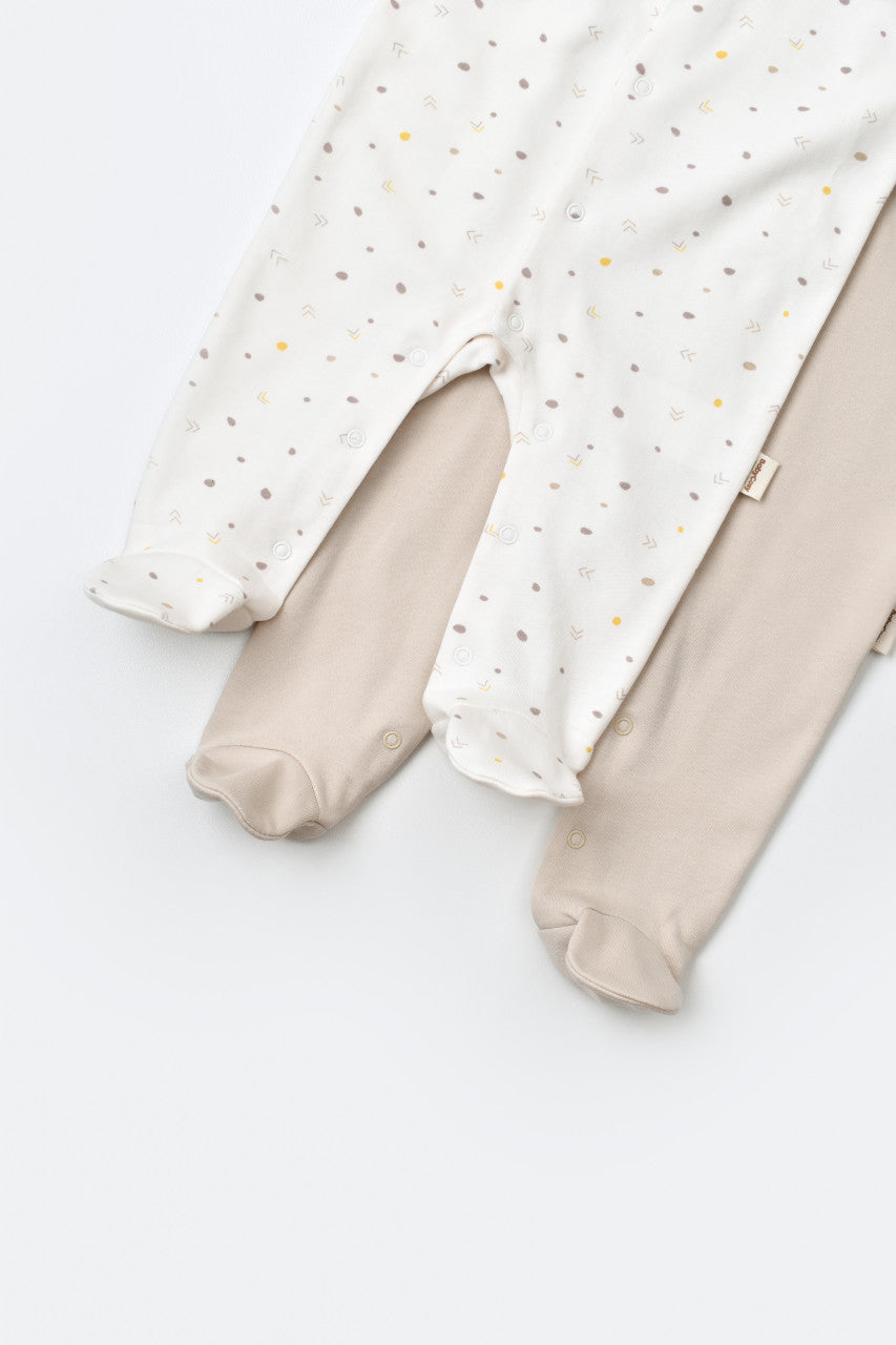 Set 2 salopetele cu maneca lunga si pantaloni lungi cu botosei - 100%bumbac organic - Ecru cu buline, BabyCosy