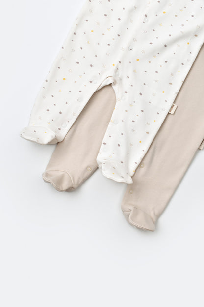 Set 2 salopetele cu maneca lunga si pantaloni lungi cu botosei - 100%bumbac organic - Ecru cu buline, BabyCosy