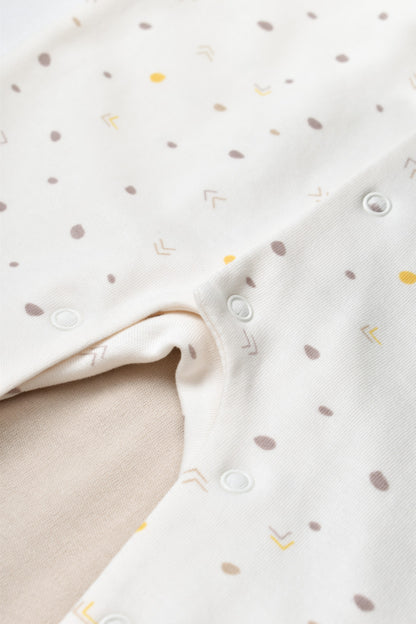 Set 2 salopetele cu maneca lunga si pantaloni lungi cu botosei - 100%bumbac organic - Ecru cu buline, BabyCosy
