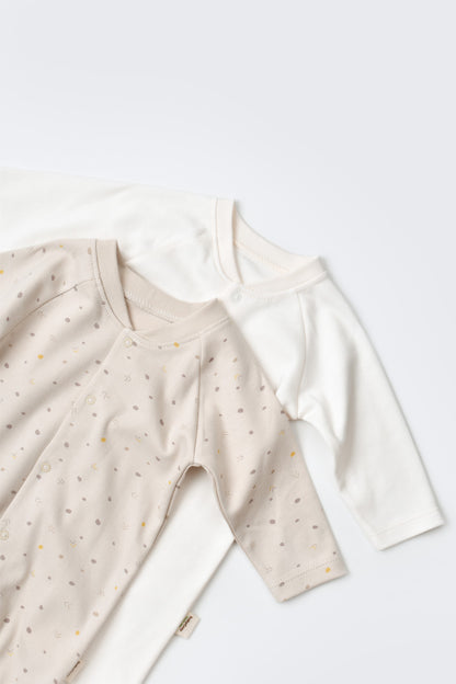 Set 2 salopetele cu maneca lunga si pantaloni lungi cu botosei - 100%bumbac organic - Crem cu buline, BabyCosy