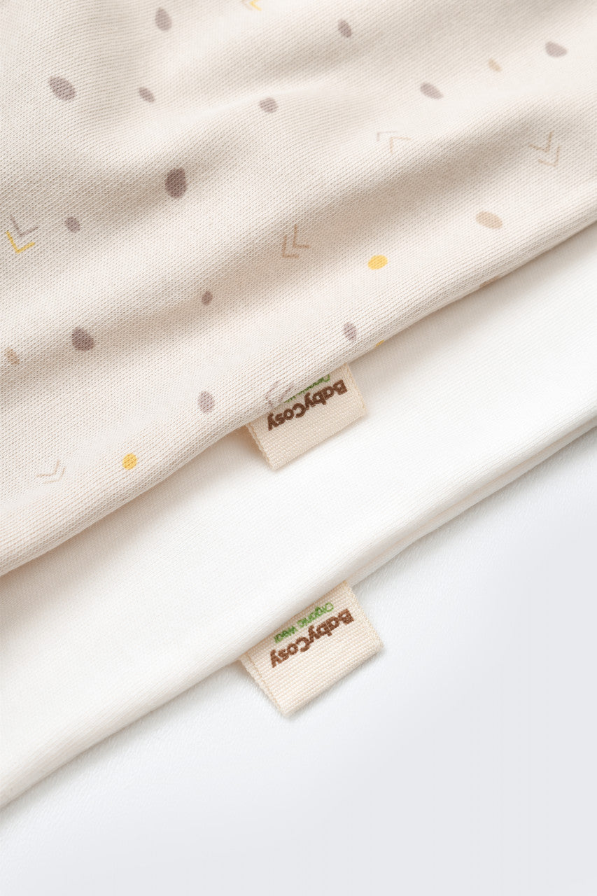Set 2 salopetele cu maneca lunga si pantaloni lungi cu botosei - 100%bumbac organic - Crem cu buline, BabyCosy