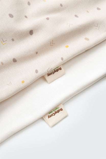 Set 2 salopetele cu maneca lunga si pantaloni lungi cu botosei - 100%bumbac organic - Crem cu buline, BabyCosy