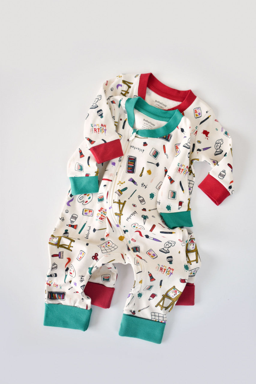 Set 2 salopetele cu maneca lunga si pantaloni lungi cu fermoar - 100%bumbac organic - Rosu si Verde, BabyCosy