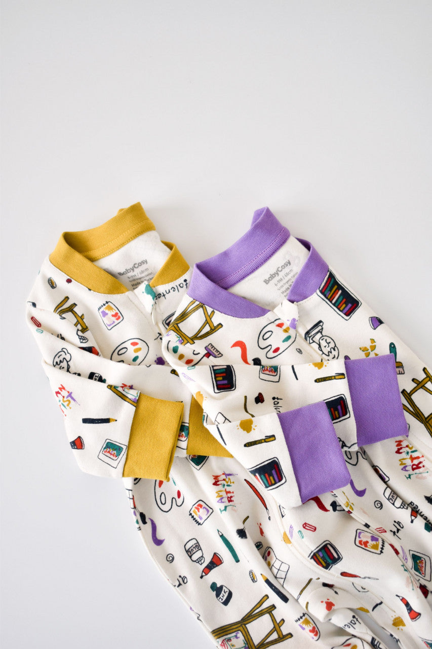 Set 2 salopetele cu maneca lunga si pantaloni lungi cu fermoar - 100%bumbac organic - Galben si Mov, BabyCosy