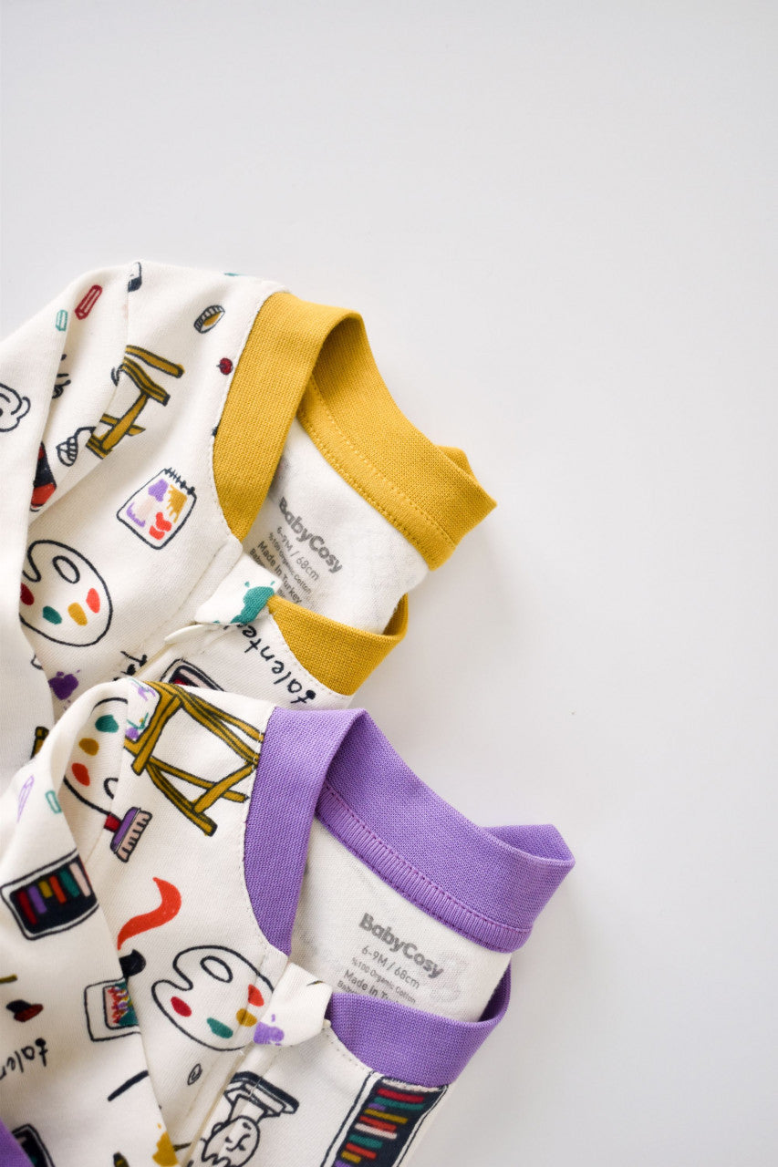 Set 2 salopetele cu maneca lunga si pantaloni lungi cu fermoar - 100%bumbac organic - Galben si Mov, BabyCosy