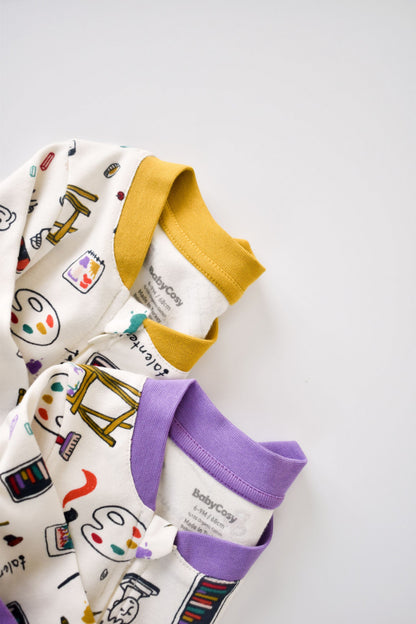 Set 2 salopetele cu maneca lunga si pantaloni lungi cu fermoar - 100%bumbac organic - Galben si Mov, BabyCosy